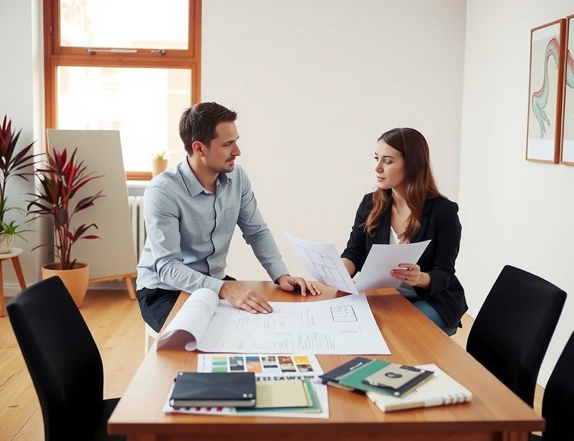 Interior design consultation with mood boards and sketches